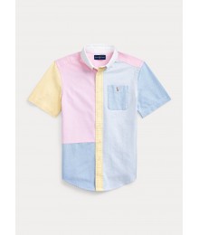 Polo Ralph Lauren Blue/Yellow/Pink/Multi Small Pony Short Sleeve Shirt With White Collar.